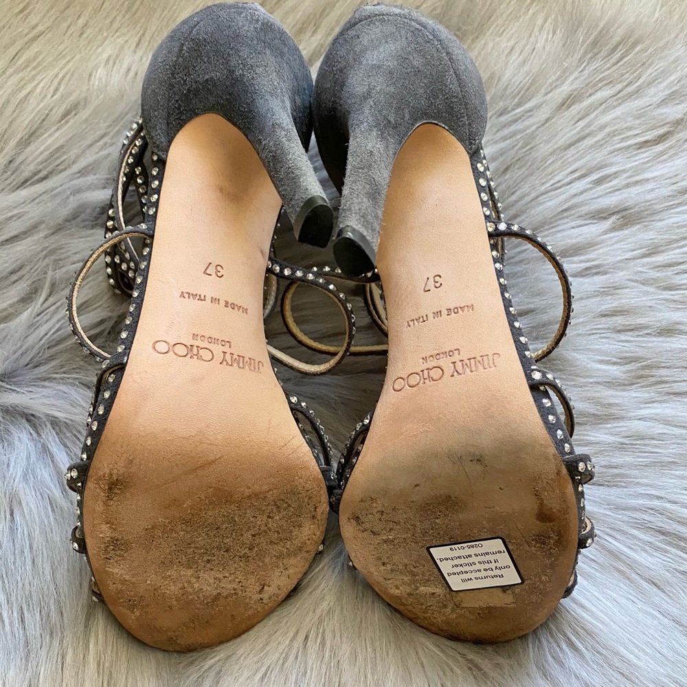 Jimmy Choo Gray Leather Vendetta Crystal Embellished Strappy Heel Sandals - Picture 9 of 11